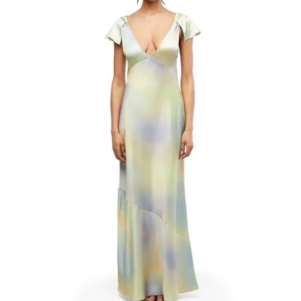 WeWoreWhat Watercolor Silky Charmeuse Midi Slip Dress, Cap Flutter Sleeve Size 0